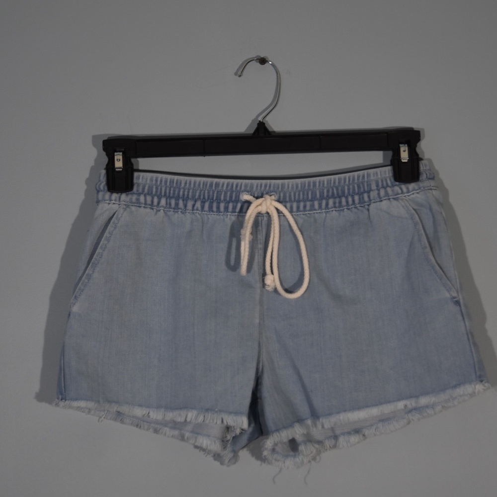 Light blue drawstring fake denim shorts